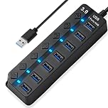 7-Port USB 3.0 Hub Multiport Splitter with Individual Switches and Lights 5Gbps High-Speed Multiple Port USB Adapter Extension Hub with Extended Cable for Macbook PC Printer and More
