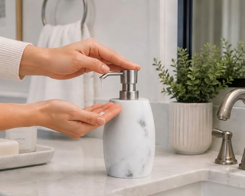 Clasin Home Resin Hand Soap Dispenser, Refillable Soap Dispenser with White Marble Look and Metallic Pump, Waterproof Bottle Labels for Bathroom Kitchen Dish Hand Wash Shower Lotion Shampoo (12 Oz) by Clasin Home - Image 7