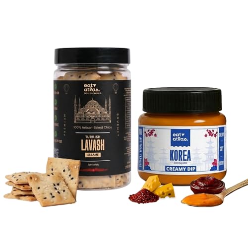 Image of Eat Atlas | Korean Cheesy Gochujang Dip (100g) + Baked Lavash Chips (85g) | Gourmet Low Calorie Snack Combo | Authentic, Ready to Eat Creamy Spread | No Preservatives | For Parties, Office, Travel