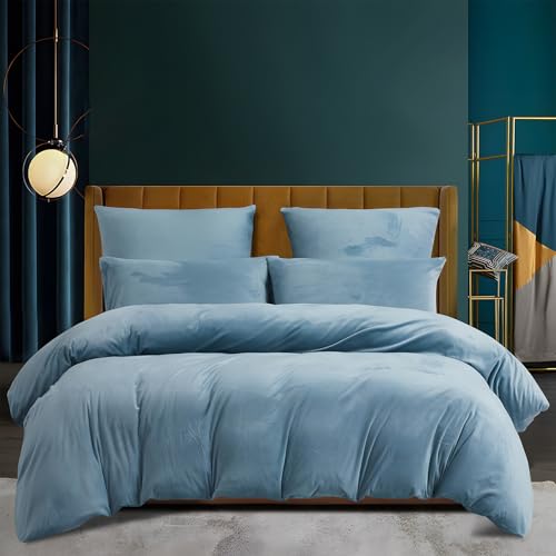 Luowei Ropa de cama cálida de 155 x 220 cm, color azul claro, forro polar, ropa de cama de invierno de forro polar, ropa de cama cálida de 155 x 220 cm y 2 fundas de almohada de 80 x 80 cm con