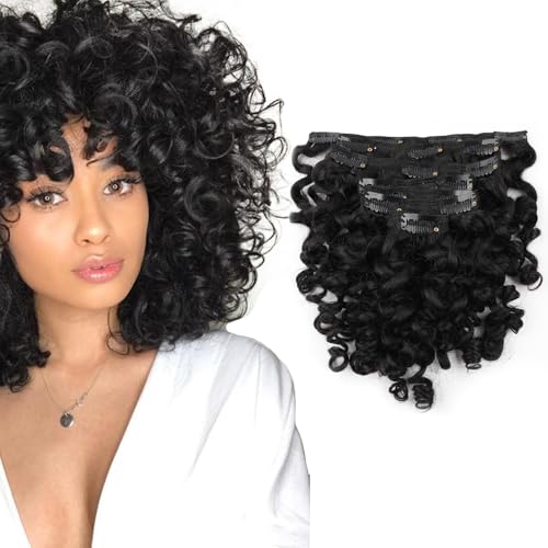 ABH AMAZINGBEAUTY HAIR Natural Loose Curly Clip in Human Hair Extensions Double Weft Natural Loose Curly Hair Extensions Clip ins Natural Black Curly Clips For Black Women 120G 14 Inch