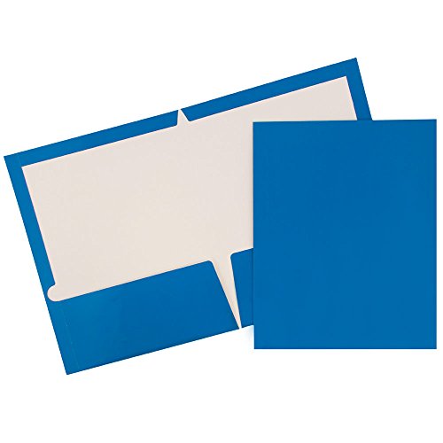 JAM PAPER Laminated Two Pocket Glossy School Folders - Letter Size - High Gloss Blue - Bulk 100/Box