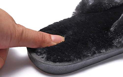 Fashion Furry Women Flip-Flops Thongs Fuzzy Slippers Fluffy Faux Fur Warm Shoes Woman Slip On Open Toe Slippers For Indoor Outdoor,7-8,Black #TOP3