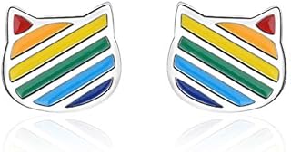 QIAMNI 925 Sterling Silver Rainbow Cat Stud Earrings for Women Girls Tiny Cute Simple Dainty Jewellery Birthday Gift