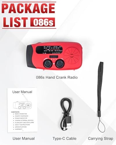 Emgykit 086S Hand Crank Emergency Radio - 2000mAh/7400mWh AM/FM/NOAA Solar Hand Crank Emergency Radio with 3 LED Flashlight, SOS Function for Emergencies, Camping - Red