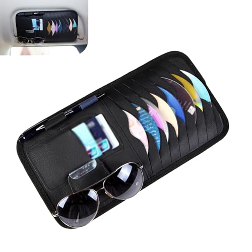 Cuymoap Car Sun Visor CD Holder, Leather Anti-scratch Protective Organizer, Multi-functional Layered Storage Bag for CD Sunglass Card Pen, Clip-on Visor Accessory for Cars (Black)