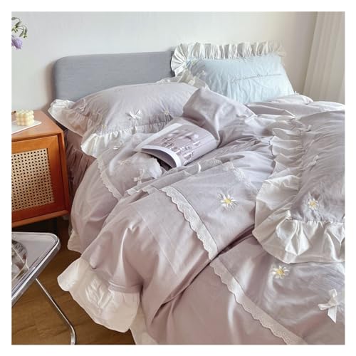 Parure de lit broderie marguerite en coton gris chic pour sommier 1.5m