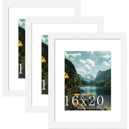 Picrit 16x20 Picture Frame 3 Pack, White Poster Frame, Display Poster 11 x 14 with Mat or 16 x 20 without Mat for Horizontal or Vertical Wall Mounting
