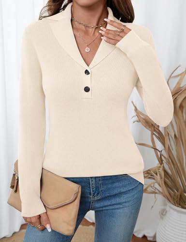Image of LOMON Sweaters for Women 2025 Fall Knitted V-Neck Collared Button Pullover Dressy Casual Long Sleeve Polo Shirts Business