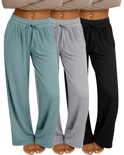 Neer 3 Pack Womens Baggy Sweatpants with Pockets Wide Leg Yoga Pants Cozy Thick Lounge Pants Drawstring Casual Loose Jogger(Medium Black Lake Blue Gray)