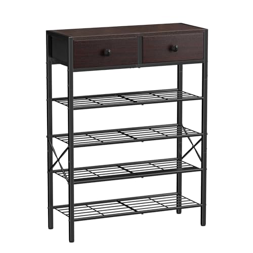 UNITSTAGE 5 Tier Shoe Rack with 2 Drawers, 16-20 Pairs Dark Brown