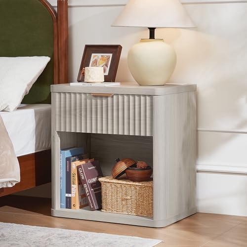 LEYAOYAO 23" Wide Fluted Night Stand with Charging Station, 1 Drawers Large End Table with Storage, LightGrey Nightstand Wood Bedside Tables, Farmhouse Cabinet Dresser for Bedroom, Closet - Image 3