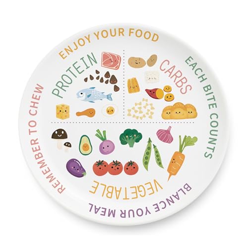Viynran 10 Inch Portion Control Plate for Adults - Cute Melamine Dinner Plate with Colorful Food Illustrations for Balanced Meals and Mindful Eating (1 Pack)