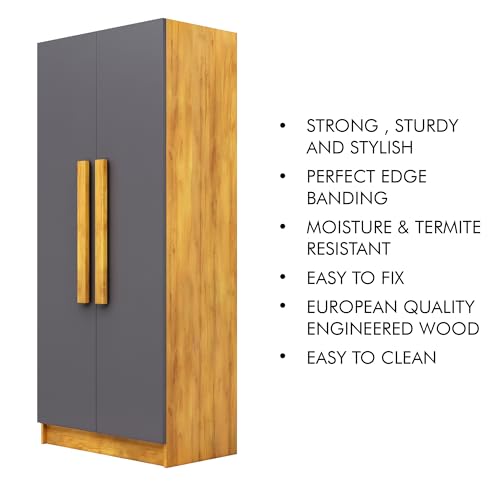 Image of Bniture 2 Door Wardrobe for Bedroom | Almirah for Clothes with 4 Shelves | Spacious Storage Cupboard for Bedroom | Wooden Wardrobe (46D x 80W x 182H CM) | 3 Years Warranty | Giant Wood & Slate Grey