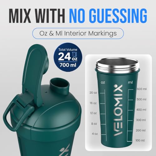 Image of VELOMIX 24oz Stainless Steel Shaker Bottle with Wire Whisk (Green)