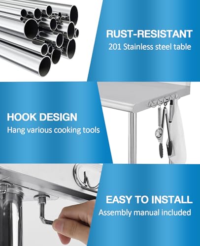 60" x 24" Stainless Steel Prep Table, NSF Metal Work Table with Backsplash, Adjustable Undershelf, 5 Hooks, Heavy Duty Workbench Workstation for Home Kitchen Restaurant