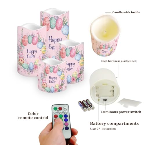 Image of Easter Egg and Floral Plastic Flameless Candles with Remote Control and Timer LED Flickering Battery Electric Pillar Candles for Table Easter Decoration
