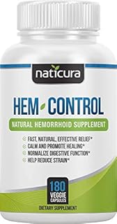 Naticura Hem-Control - Natural Treatment for Hemorrhoids with Psyllium Husks, Witch Hazel, Ginger Root - Vegan - 180 Count - Helps Maintain Bowel Movement Regularity - Digestive Support