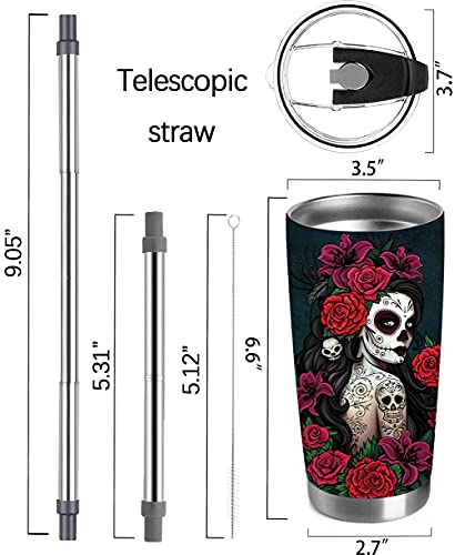 Qdkva 20Oz Skull Tumbler -Stainless Steel Travel Coffee Mug (Red Rose Skeleton) #TOP3