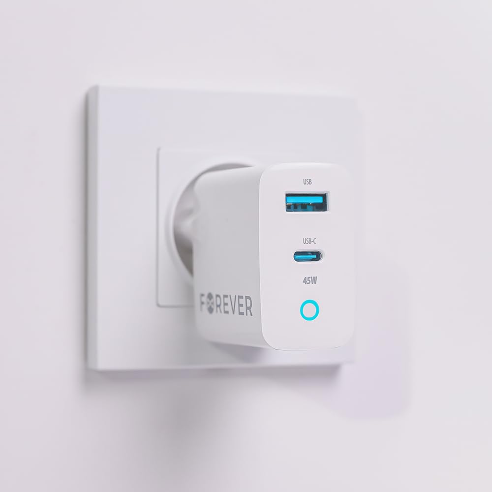 Forever Caricatore rapido GaN PD QC 1 X USB, 1 X USB-C 45 W per tutti i telefoni cellulari iPhone Xiaomi Huawei Motorola Samsung 3A alta qualità, smartphone, sigaretta elettrica, smartwatch, iPad