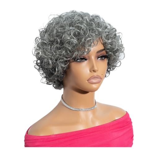 Perruque cheveux humains de qualité supérieure, boucles crépues poivre et sel sans colle