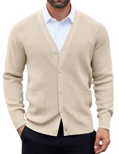 COOFANDY Men's Cardigan Sweaters with Button Lightweight Casual V Neck Long Sleeve Pockets Knitted Sweater Cream