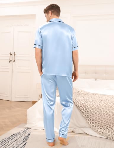 Image of SWOMOG Mens Satin Pajama Set Short Sleeve Classic Sleepwear Button Down Silky Loungewear with Long Pants