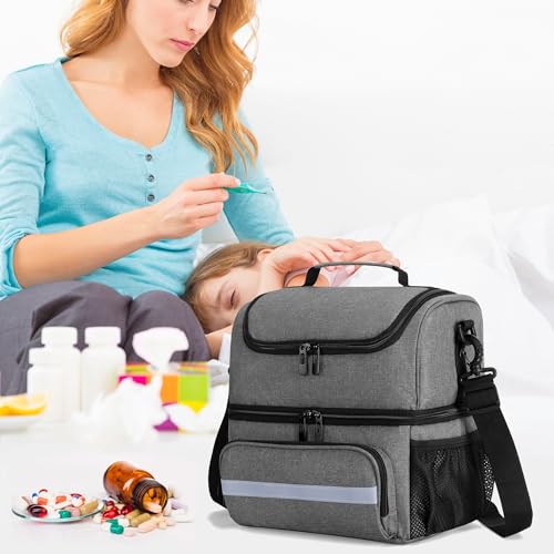 CURMIO Doppelschicht Medizinische Tasche, Tragbar Reiseapotheke Tasche, Notfalltasche für Medizinflasche, Vitamine, Medizinisches Zubehör, Leer, Grau