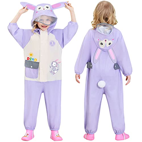 Kids Rainsuit Boys Girls All in One Raincoats Puddle Suit Waterproof Coverall Toddler Rainwear Rain Jacket 1-6 Years Purple