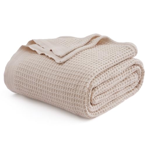 Bedsure 100% Cotton Blanket, Waffle Weave, King Size, Beige, 104"x90"