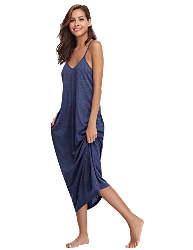 Aibrou Women's Cotton V Neck Long Nightgown Sleeveless Full Slip Night Dress Dark Blue