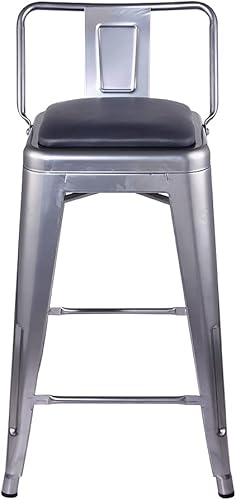 Miniatura 4 de GIA Taburete de metal con respaldo bajo de altura de mostrador de 24 pulgadas con asiento de cuero vegano, color plateado