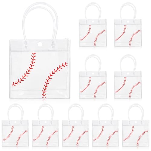 Whaline 12Pcs Baseball Clear PVC Gift Bags Sports Ball Party Favor Bags with Handles Treat Tote Bag for Birthday Holiday Baby Shower, 7.9 x 3.15 x 7.9 Inch