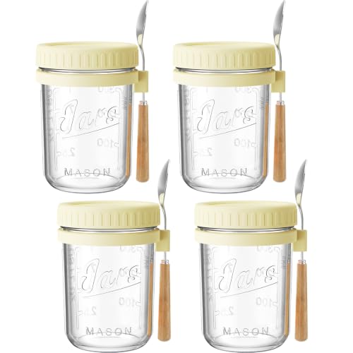 Image of 16oz Glass Overnight Oats Containers with Lids and Spoons, 4 Pack Yellow