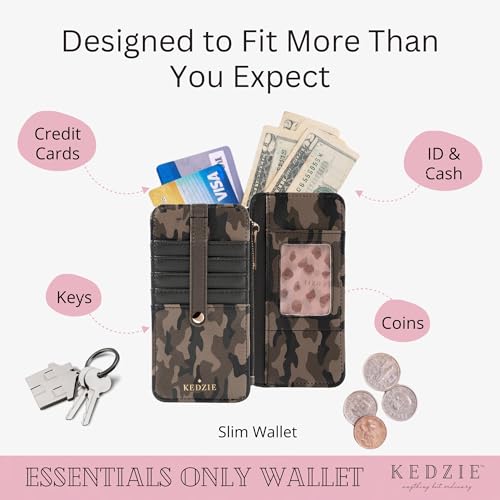 Image of KEDZIE Essentials Only Women's Zippered Wallet in Vegan Leather Small Card Holder Wallet Exterior ID Window - Glamoflauge
