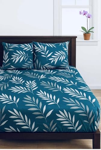 Image of 300 TC Glace-Cotton All Around Elastic Fitted Bedsheet, Elastic Fitted Bedsheet King Size Bedsheet for Double Bed with 2 Pillow Covers, Size - 72 x 78 x 8 Inch Color Matalic Blue