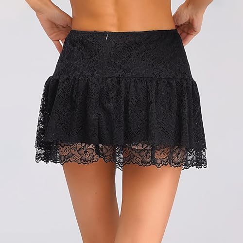 Women Lace Layered Mini Skirts Y2k Ruffled Low Rise Sheer Frilly Short Skirt Flowy Mesh Ruched Tiered Festival Skirts4