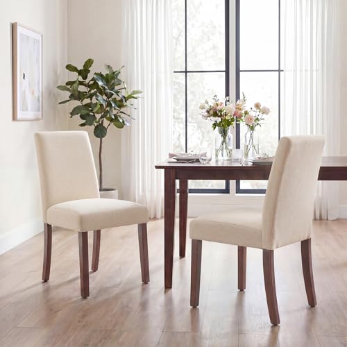 Image of Upholstered Dining Chairs Set of 2, Mid-Century Dining Room Chairs with Wooden Legs, Farmhouse Fabric Parsons Chairs for Small Space Restaurant & Cafe- Beige