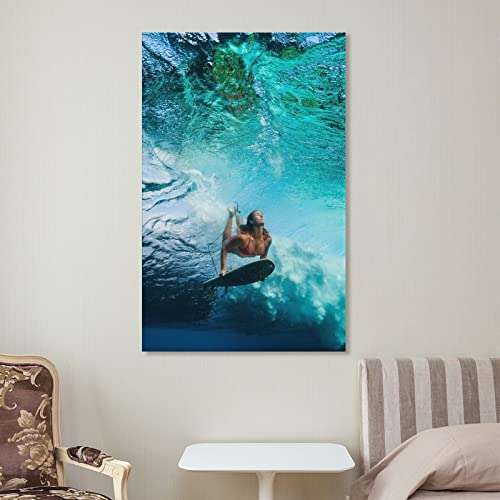 Mlxfcga Underwater Surfing Bikini Girl Beautiful Poster Canvas Painting Wall Art Poster For Bedroom Living Room Decor 24X36Inch(60X90Cm) Frame-Style #TOP6