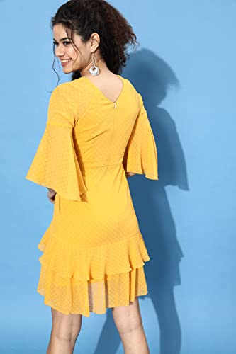 Image of Miss Chase Women's Round Neck Ruffled Sleeve Solid Ruffled Midi Dress