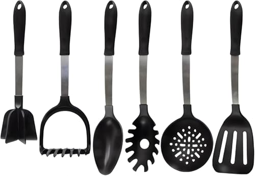 Made in USA Kitchen Tools: Durable, Stylish Essentials for Every Cook 5 Crisp 6-Piece Cooking Utensils Set - Stainless Steel Kitchen Utensils Set - Durable Nylon Spatulas Set - Heat Resistant & Dishwasher Kitchen Tools Set - Made in the USA - Black