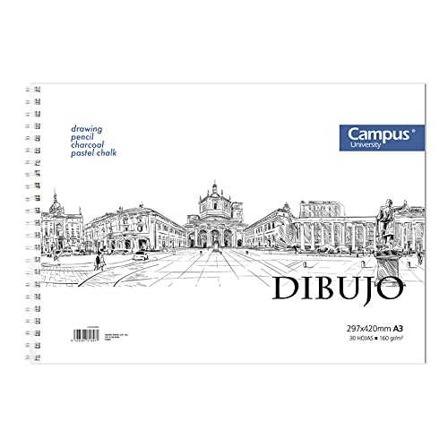 Campus University - Bloc de Dibujo A3 Cuaderno de Bocetos con Espiral 30 Hojas 160 gramos en Blanco para Carboncillo, Lápiz, Ceras o Pastel