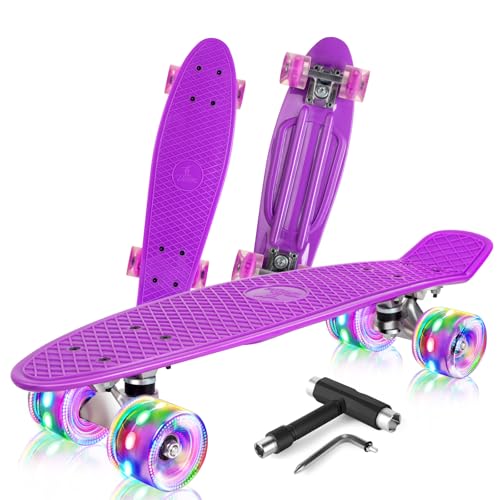 BELEEV Kinder Skateboard 22 Zoll mit LED Leuchtrollen Wheels, Komplette Mini Cruiser Skateboard für Kinder Jugendliche Erwachsene, LED Leuchtrollen mit All-in-one Skate T-Tool für Anfänger