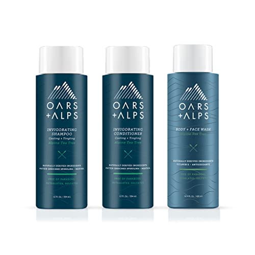 Oars + Alps Mens Sulfate Free Hair Shampoo, Conditioner, and Body Wash Kit, Hair and Skin Care Infused with Witch Hazel and Tea Tree Oil, Alpine Tea Tree Scent (ATT-SH-BB)