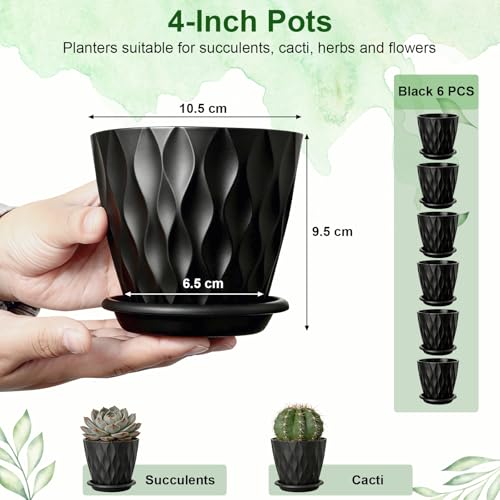 Romon Pot de Fleur Interieur, Set de 6 Pots en Plastique avec Soucoupe, Ouverture du Pot Diamètre 10cm, Jardinieres en PP, Adapté pour La Cuisine, Le Balcon, Les Plantes de Jardin et Bureau, Noir – Image 3