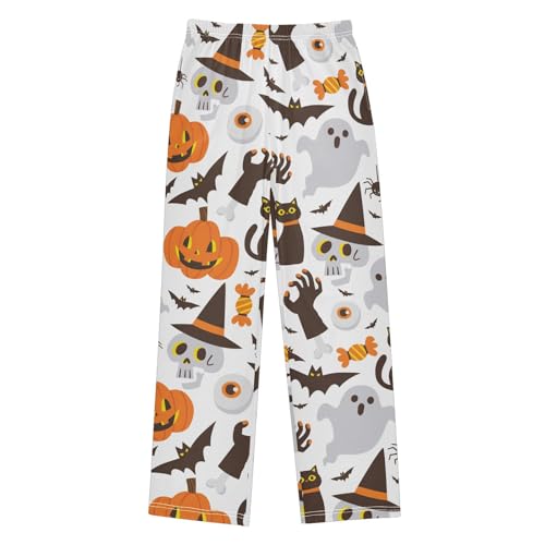 Skull with Witch Hat Cat Boys Long Pants Soft Trousers Elastic Waist Kids Lounge Bottoms with Pockets S-XL