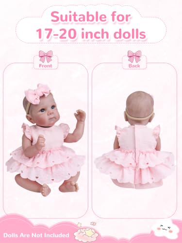 EKOKIZ Baby Doll Clothes, Pink Lace Ruffle Romper & Bow Headband 2-Piece Set for 17-20 Inch Reborn Baby Dolls, Soft Princess-Style Doll Outfit for Pretend Play & Photography — view 5