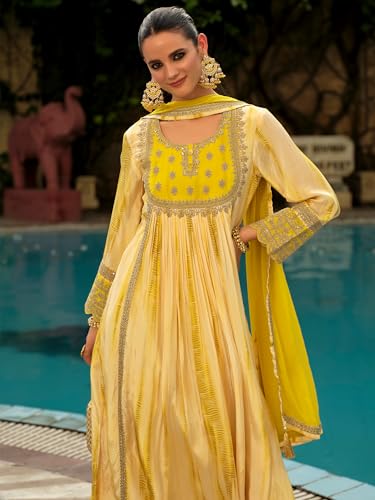 Image of INDO ERA Women's Silk Crepe Floral Embroidered A-Line Kurta & Pant with Dupatta Set (IEOUT161)
