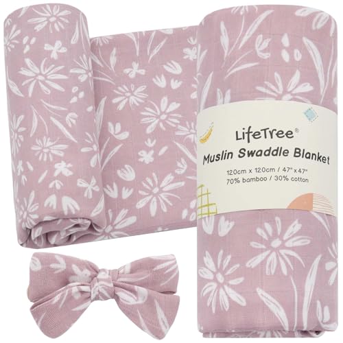 Image of LifeTree Baby Swaddle Blanket and Bow Set, Mauve Floral Muslin Newborn Swaddle Set with Matching Headband Bow, Infant Receiving Blanket Wrap, 47 x 47 inches, 70% Viscose from Bamboo and 30% Cotton