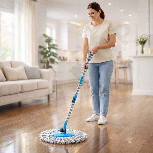 Image of Mr.Mop 360 Spin Universal Stick Rod with 1 Microfiber Grey Refill | Magical Extendable Handle Pocha for Floor Cleaning - Blue Rod Set + 1 Refill